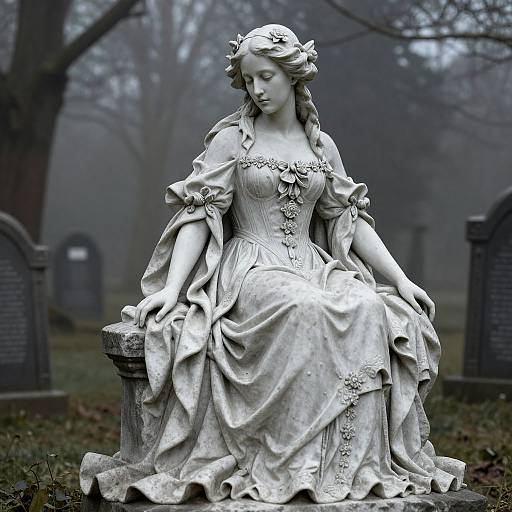 Photograph of a white, detailed, Victorian-style stone statue of a woman in a flowing dress, sitting on a tombstone in a foggy,