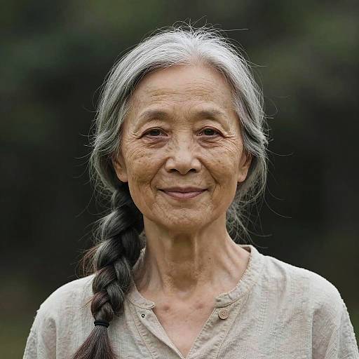 Photograph of an elderly Asian woman with long gray hair in a braid, wearing a beige button-up shirt, smiling softly against a blurred green background