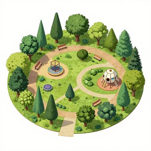 Aerial view of a vibrant, circular park with a yurt, trampoline, benches, trees, and winding paths in bright, colorful digital art.