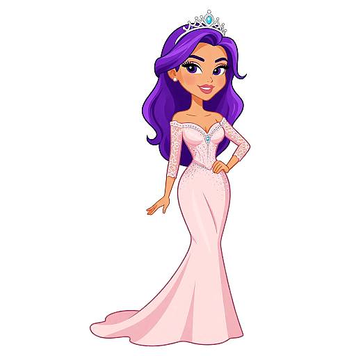 Digital cartoon of a beautiful, purple-haired princess in an off-shoulder, pink gown, with a sparkling tiara, standing against a white background