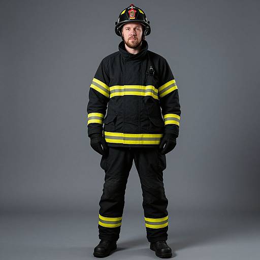 Photograph of a bearded man in full black firefighter gear with yellow stripes, helmet, and gloves, standing against a gray background.