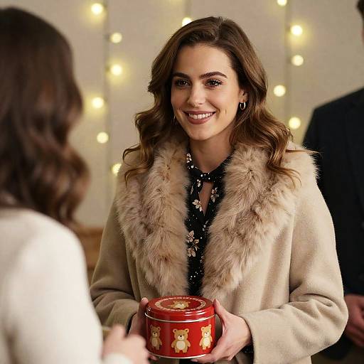 Smiling Woman Holding Decorative Red Tin