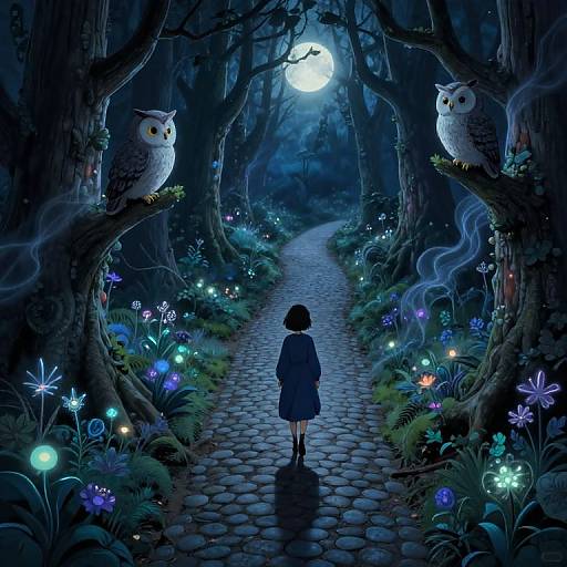 Digital illustration of a girl in a blue dress walking a moonlit, enchanted forest path, surrounded by glowing flowers and owls.