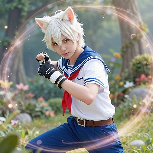 Photograph of a young man with white fox ears, white hair, and blue sailor uniform, posing in a magical forest, surrounded by glowing circles and