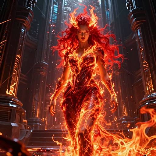 Digital art of a fierce, fiery-haired woman with flames enveloping her body, standing in a dark, futuristic cathedral-like structure.