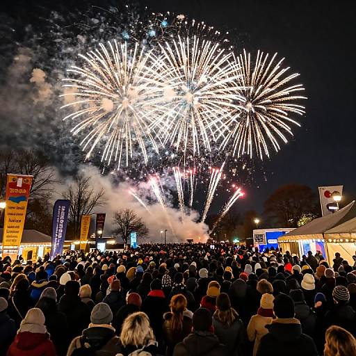 Photograph of a nighttime fireworks display over a crowded outdoor festival, with people in winter clothing, illuminated tents, and vibrant, explosive fireworks lighting up the