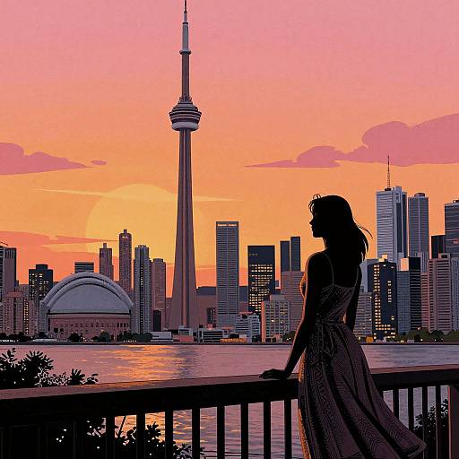 Silhouette of a woman in a dress, leaning on a railing, gazes at Toronto's skyline with the CN Tower at sunset. Digital art,