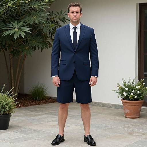 Photograph of a serious man in a dark navy suit, white shirt, black tie, and black shorts standing outdoors, with potted plants and a