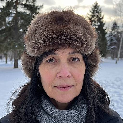 Photograph of an older woman with fair skin, dark hair, and brown eyes, wearing a brown fur hat and gray scarf, standing in a snowy