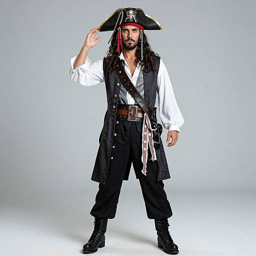 Photograph of a bearded man in a pirate costume: black tricorn hat, white shirt, black vest, black pants, brown belt, and