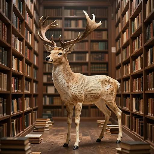 Photorealistic digital art of a majestic, antlered deer standing in a narrow, wooden library aisle filled with bookshelves and scattered books.