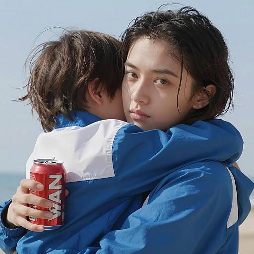 Young Woman and Child Hugging With Soda Can