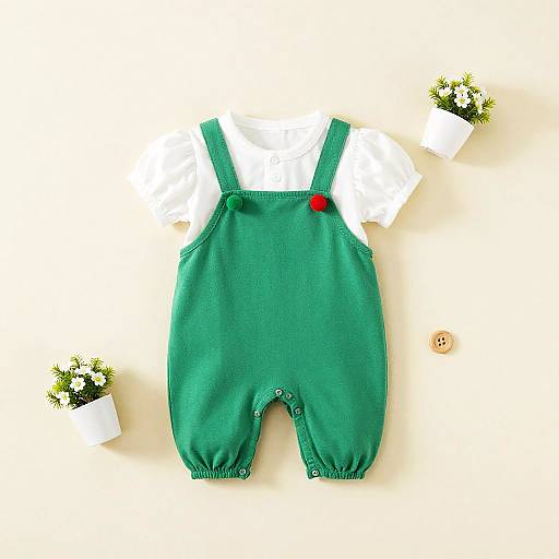 Photograph of green baby overalls with white shirt, red button, and two small white pots with green plants on beige background.