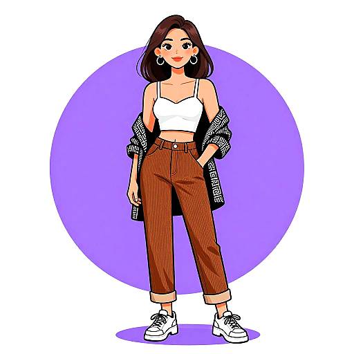 Digital illustration of a smiling woman with medium brown skin, black hair, white crop top, brown high-waisted pants, black-and-white jacket,