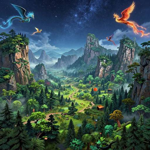 Mythical Fantasy Landscape with Creatures