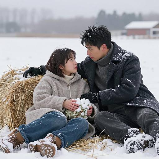 Winter Scene: Couple by Haystack