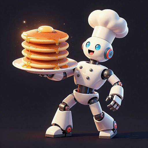 Playful Robot Chef Tossing Glowing Pancakes
