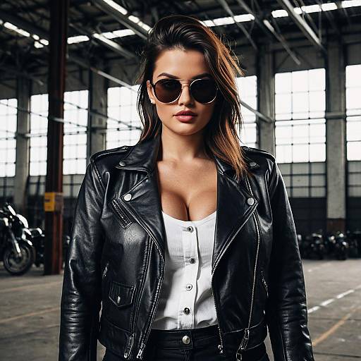 Woman in Leather Jacket with Sunglasses Indoors