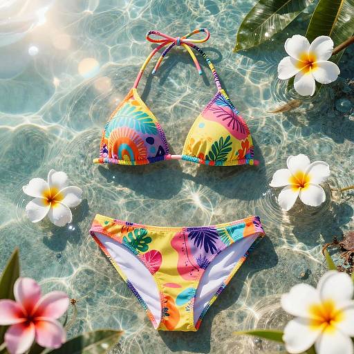 Vibrant, colorful bikini with tropical patterns, floating in clear, sunlit water, surrounded by white plumeria flowers and green leaves.