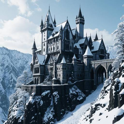 Snow-Covered Gothic Castle on Cliff