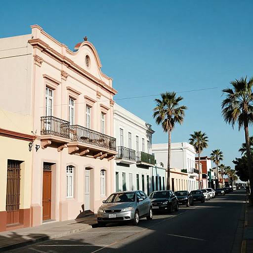 Photograph of a sunny street with pastel-colored colonial-style buildings, black iron balconies, parked cars, and tall palm trees under a clear blue