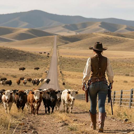 Female Cowboy Driving Cattle in Rolling Hills