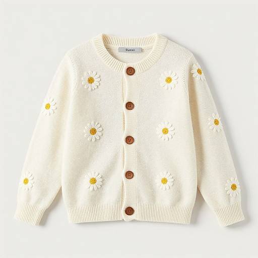 Photograph of a cream-colored, long-sleeve cardigan with brown buttons and small white daisy flowers with yellow centers, displayed against a white