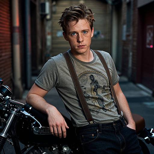Photograph of a young, blue-eyed man with tousled brown hair, wearing a grey graphic t-shirt and brown suspenders, leaning on a motorcycle