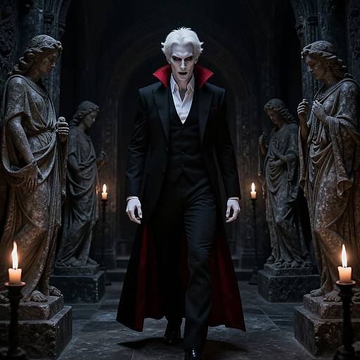 Photograph-style digital art of a pale, white-haired vampire in a black suit with red collar, flanked by stone statues, dimly lit by