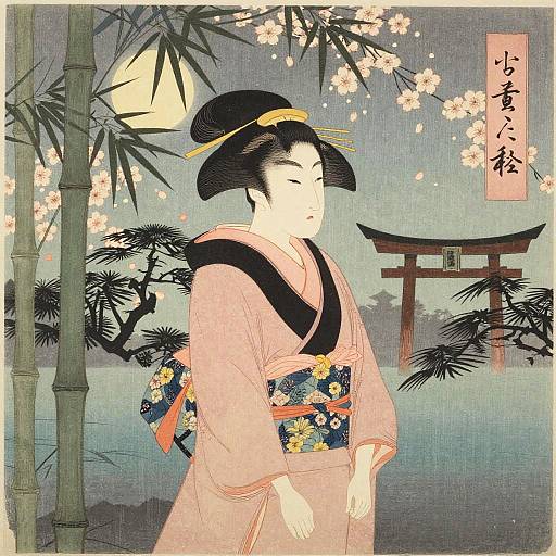 Ukiyo-e style woodblock print of a serene Japanese woman in a pink kimono with floral obi, black hair in a bun, standing