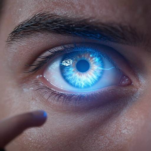 Close-up photograph of a person's glowing blue eye with detailed iris, dark eyebrows, and light skin, with a finger gently touching the bottom left corner