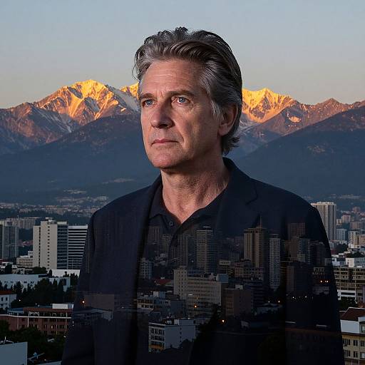 Photograph of a middle-aged man with silver hair, wearing a black shirt, standing against a backdrop of sunlit mountains and a city skyline at sunset