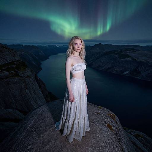 Photograph of a blonde woman in a white, lace-trimmed, strapless top and long skirt, standing on a rocky ledge under the Northern