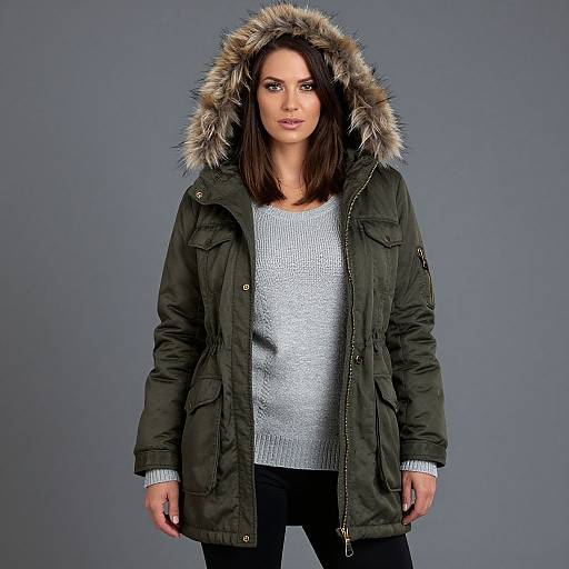 Photograph of a woman with straight dark hair, wearing a green winter coat with a fur-lined hood, light gray sweater, and black pants, standing