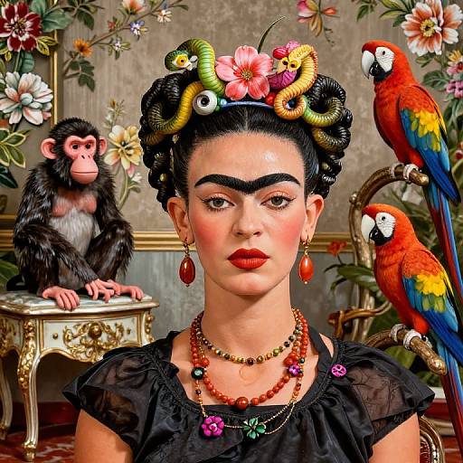 Digital art of a woman with dark hair, ornate hairdo, red lipstick, black dress, red jewelry, surrounded by monkeys and parrots in