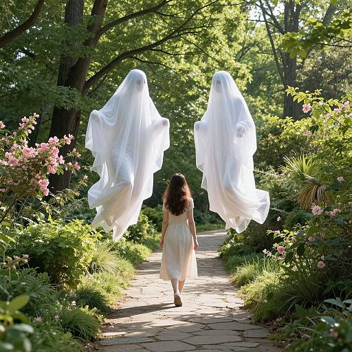 Photograph of a girl in a white dress, with two translucent white ghostly figures floating behind her, walking on a sunlit garden path surrounded by