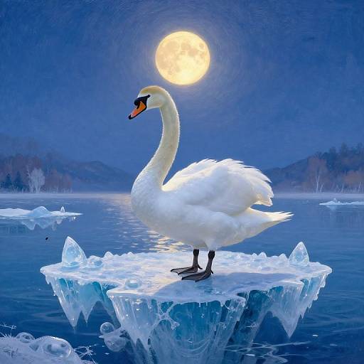 Photorealistic digital artwork of a white swan with black eye mask standing on an icy floe under a full moon.