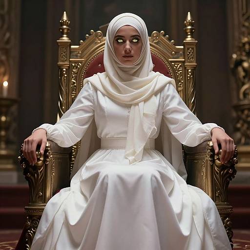 Photorealistic digital art of a white-haired woman with glowing eyes, wearing a white hijab and dress, seated on a gold throne in a dim