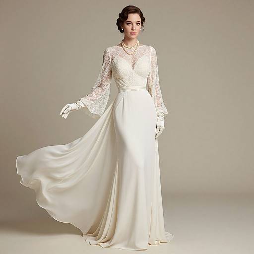 Photograph of a fair-skinned woman with dark hair in an elegant, white lace wedding gown with long sleeves and a flowing train, standing against a