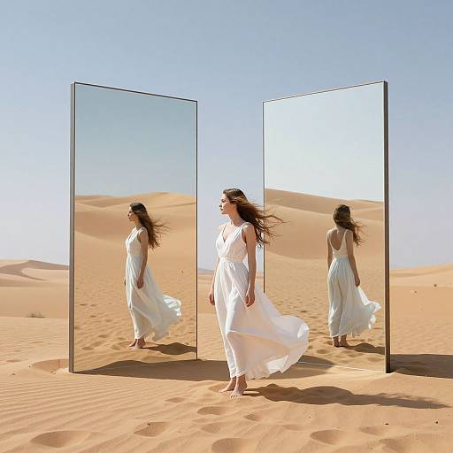 Photograph of a woman in a flowing white dress, mirrored reflections, standing in a sunlit, sandy desert with clear blue sky.