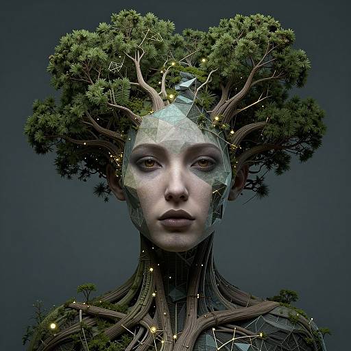 Digital art of a woman with a tree for hair, blending human and nature, dark background, glowing fairy lights, intricate branches.