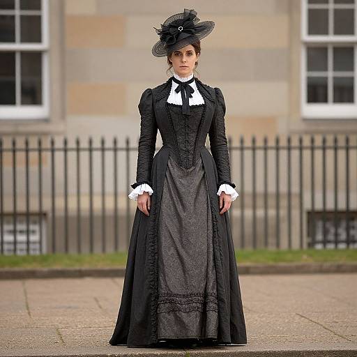 Photograph of a woman in a Victorian-style black dress with white cuffs and a black hat, standing in front of a stone building with iron fencing.