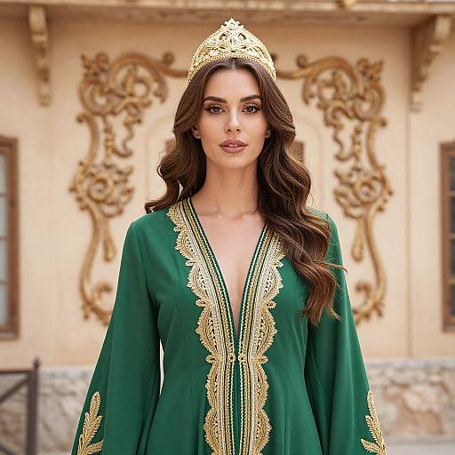Regal Woman in Embroidered Green Dress