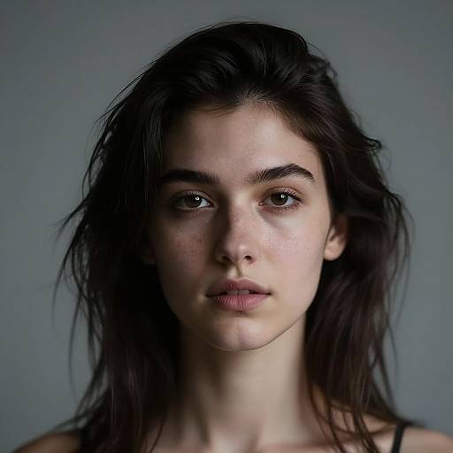 Photograph of a young woman with fair skin, dark brown hair, and intense brown eyes, looking directly at the camera against a gray background. Her