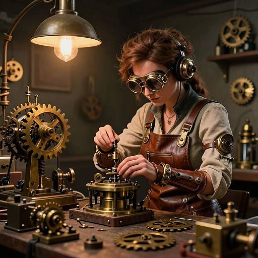 Steampunk female engineer with brown hair, goggles, and headphones, working on intricate brass gears and machinery under warm industrial light.