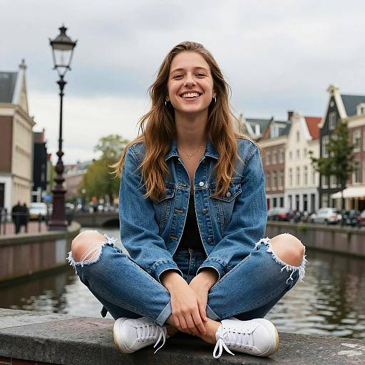 Smiling Young Woman Sitting by Canal in Denim Outfit