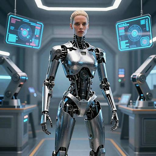 Photorealistic CGI of a silver, humanoid robot woman with blonde hair, standing in a futuristic lab with glowing blue screens.