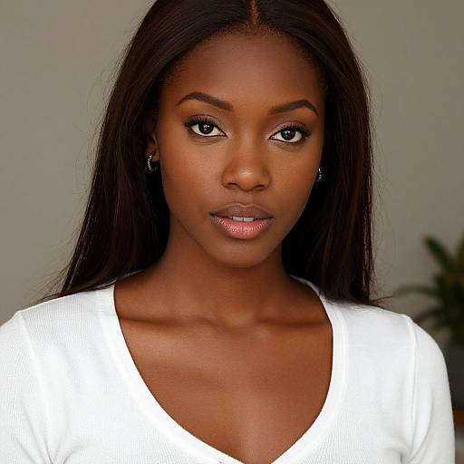 Photograph of a beautiful Black woman with long, straight black hair, wearing a white V-neck top, looking directly at the camera.