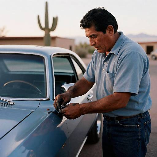 Chicano mechanic repairing muscle car in Tucson