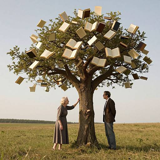 Photograph of elderly white couple standing before a tree with numerous books hanging from its branches in a grassy field.